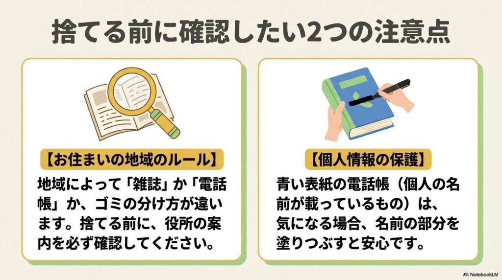 地域のゴミ分別ルールの確認と、個人情報保護のための名前の塗りつぶしについての注意点。