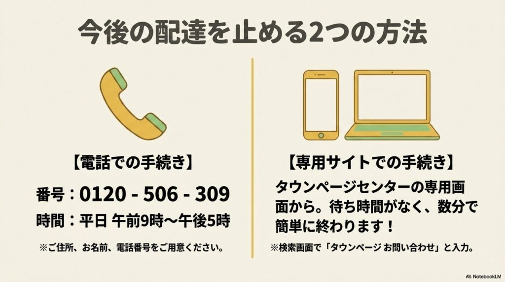 タウンページの配達を止めるための、電話と専用サイトの2つの手続き方法の紹介。