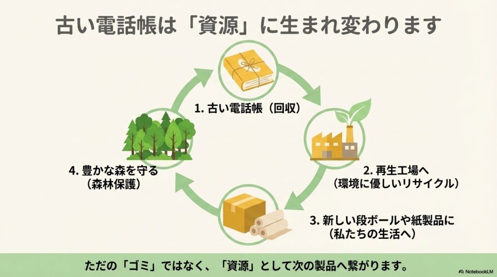 回収された電話帳が再生工場を経て段ボールなどにリサイクルされ、森林保護に繋がる循環の仕組み。