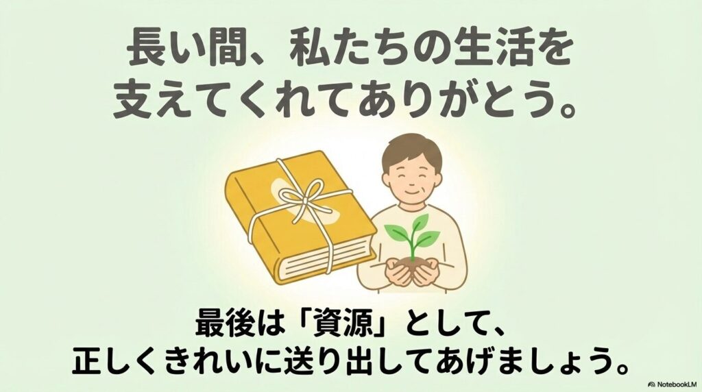 電話帳への感謝を伝え、最後は資源として正しく出すことを呼びかけるスライド。