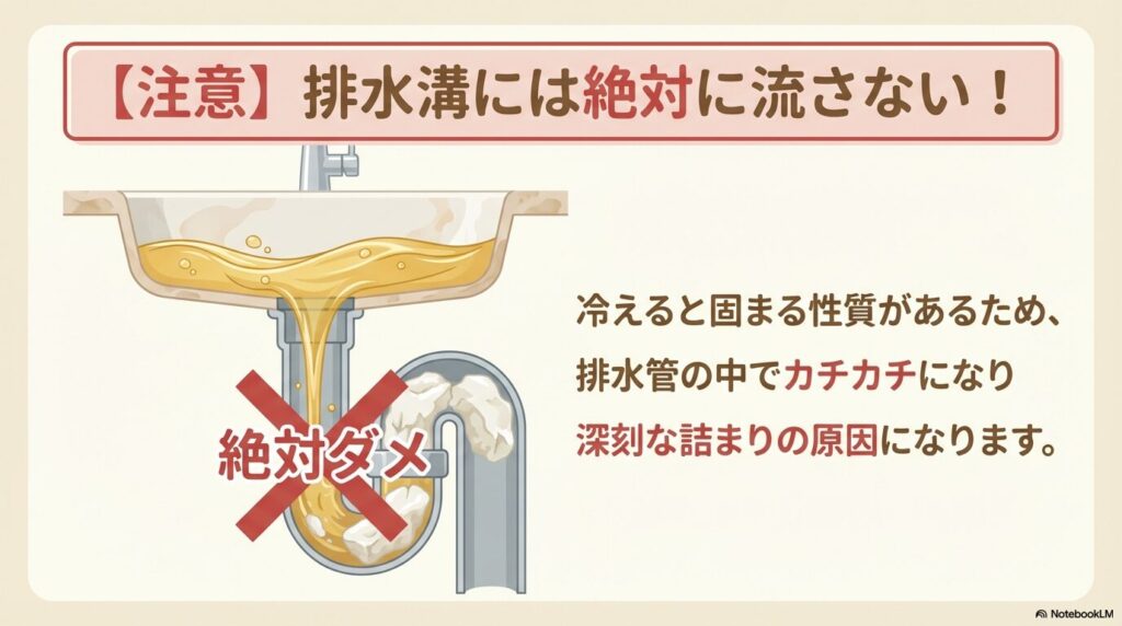 ココナッツオイルを排水溝に流すと深刻な詰まりの原因になるため、絶対に流さないよう警告するスライド。