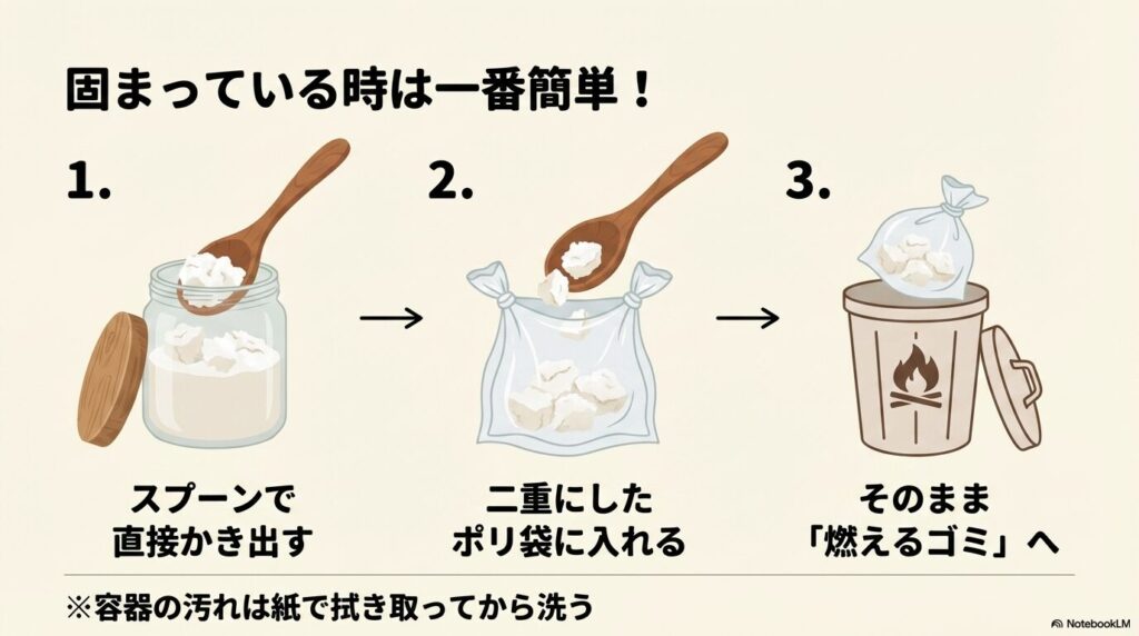 固まっているオイルをスプーンで削り出し、ポリ袋に入れて燃えるゴミとして出す3ステップの解説。