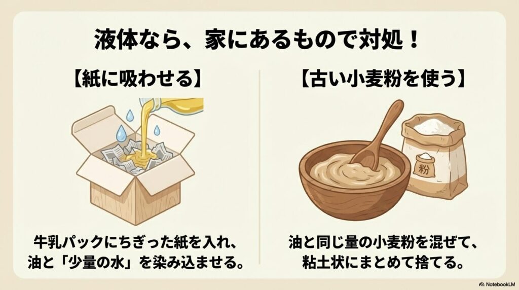 液体状のオイルを紙に吸わせる方法と、小麦粉を混ぜて粘土状にする方法の紹介。