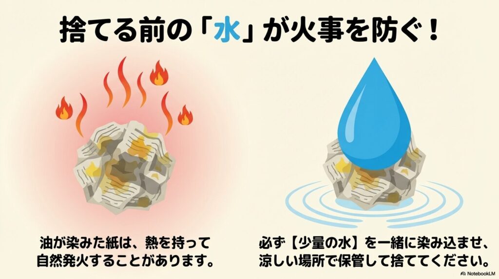 油が染みた紙の自然発火を防ぐため、必ず少量の水を含ませてから捨てるよう促す注意点。