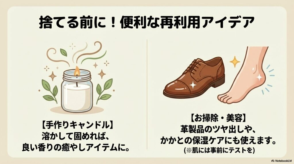 捨てる前の再利用アイデアとして、手作りキャンドルや革製品の手入れ、美容ケアを紹介。