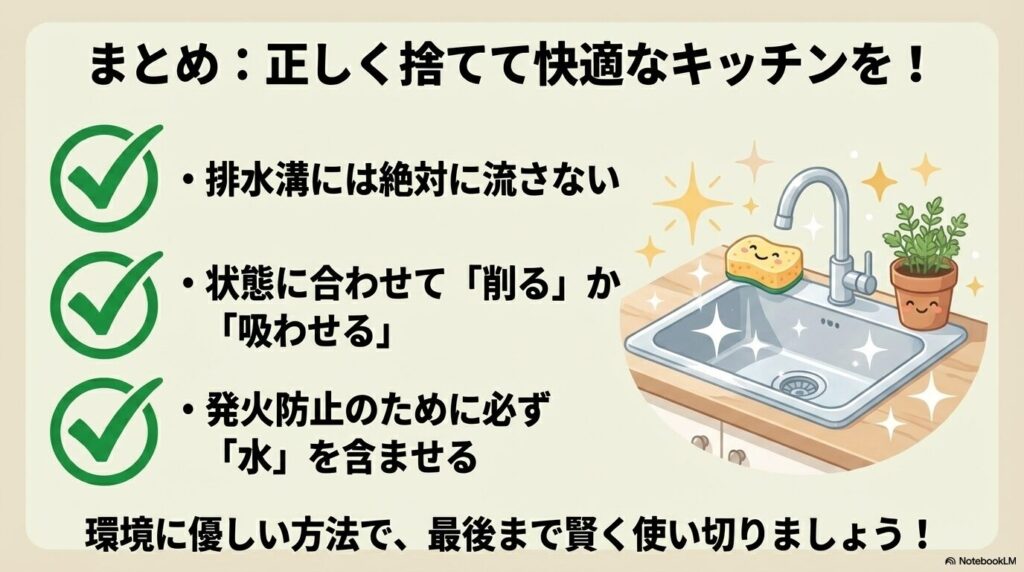 排水溝に流さない、水を含ませるなど、ココナッツオイルの正しい捨て方のまとめ。