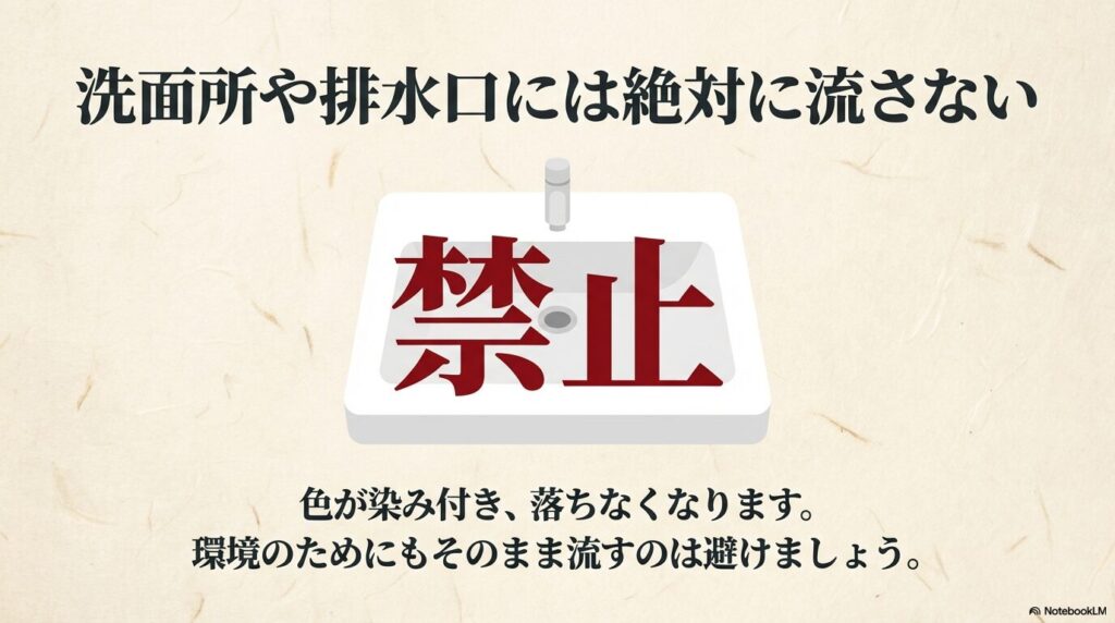 洗面所や排水口にインクを流してはいけない理由と、環境への配慮についての注意喚起です。