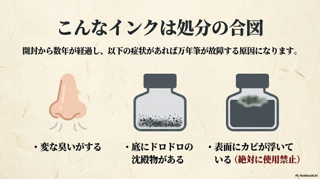 インクを処分すべきサインとして、異臭、沈殿物、カビの3つの具体的な症状を説明しています。