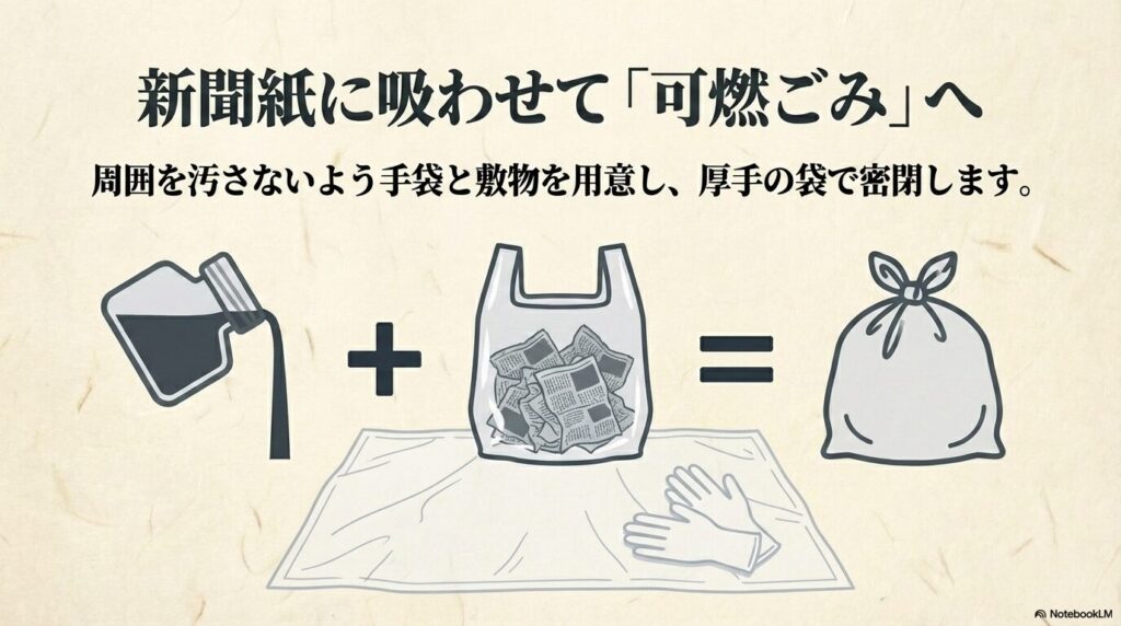 インクの中身を新聞紙に吸わせて可燃ごみとして出すための、具体的な準備と手順を紹介しています。