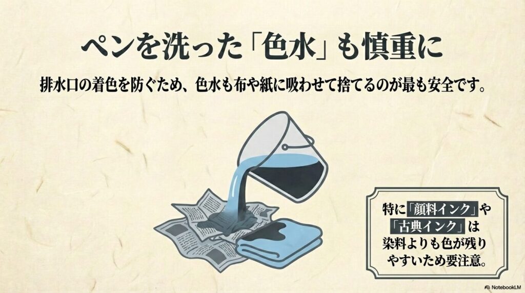 ペンを洗った後の色水の安全な捨て方と、顔料インクや古典インクに関する注意点です。