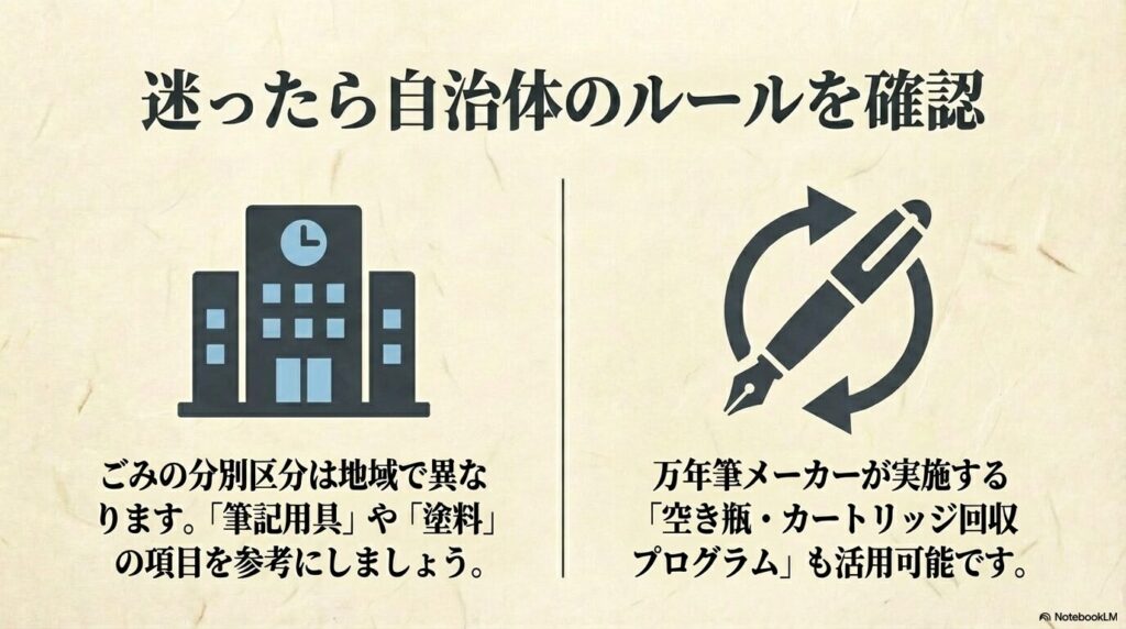 自治体のごみ分別ルールの確認方法や、メーカーによる回収プログラムの活用について説明しています。