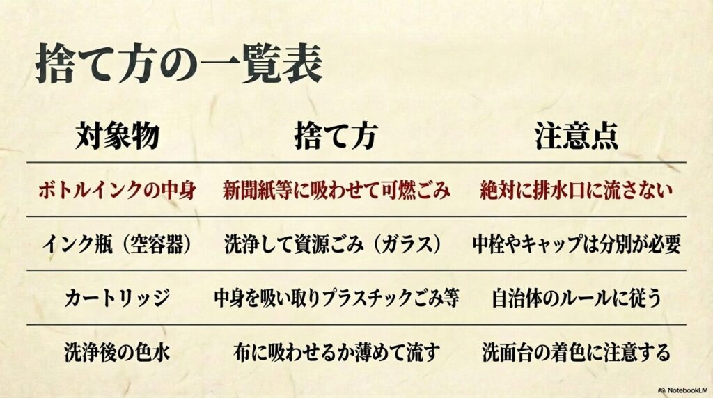 ボトルインク、瓶、カートリッジ、色水それぞれの捨て方と注意点をまとめた一覧表です。