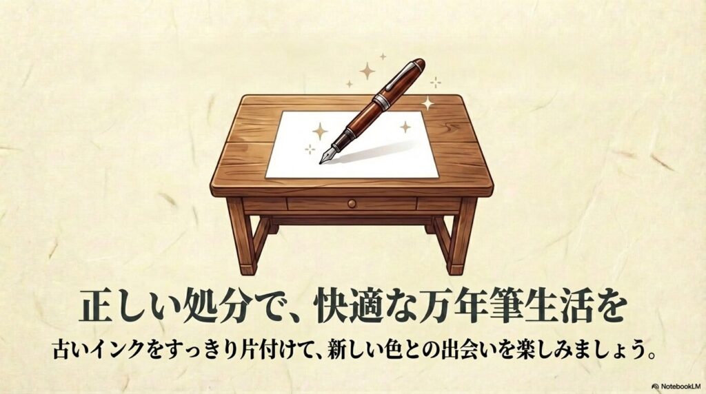 正しい処分で快適な万年筆生活を送りましょうという、締めくくりのメッセージです。