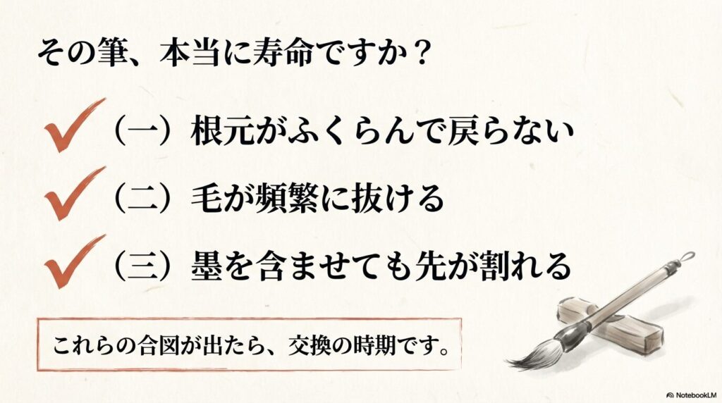 筆の寿命を判断する3つのサインと、それらの合図が出た際の交換のタイミングについて説明しています。