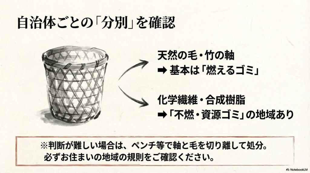 筆の素材に応じたゴミ分別の基本と、自治体のルール確認、判断が難しい場合の対処法を説明しています。