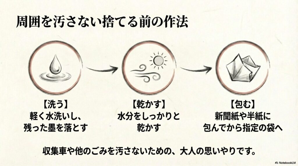 周囲を汚さないための捨て前の作法として、洗う、乾かす、包むという3つのステップを紹介しています。