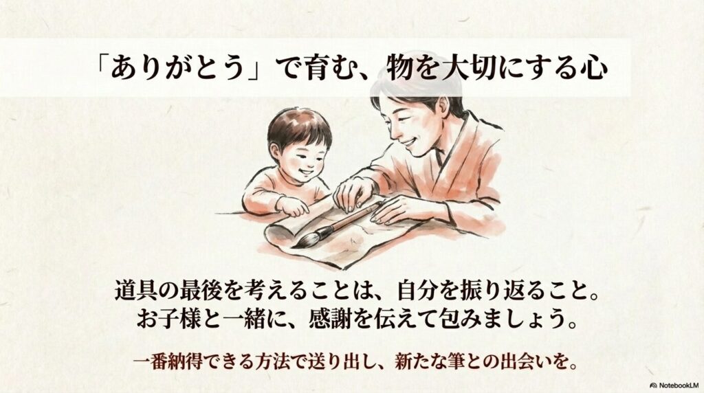道具への感謝を通じて物を大切にする心を育むことの大切さを伝え、納得できる方法での送り出しを勧めています。