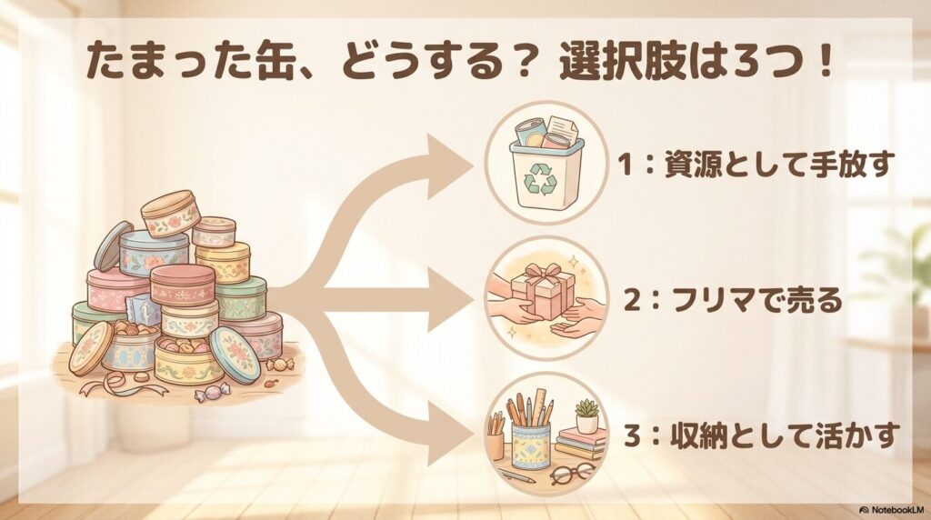 たまった缶の3つの選択肢として、資源として手放す、フリマで売る、収納として活かす方法を提示しています。