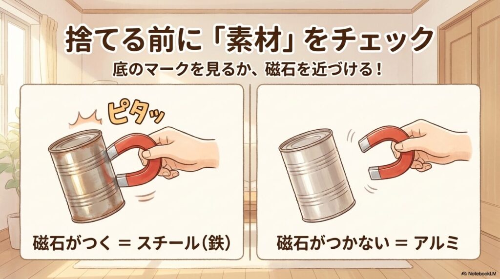 缶を捨てる前に素材を確認する方法として、磁石が付くか付かないかでスチールかアルミかを判別する方法の説明です。