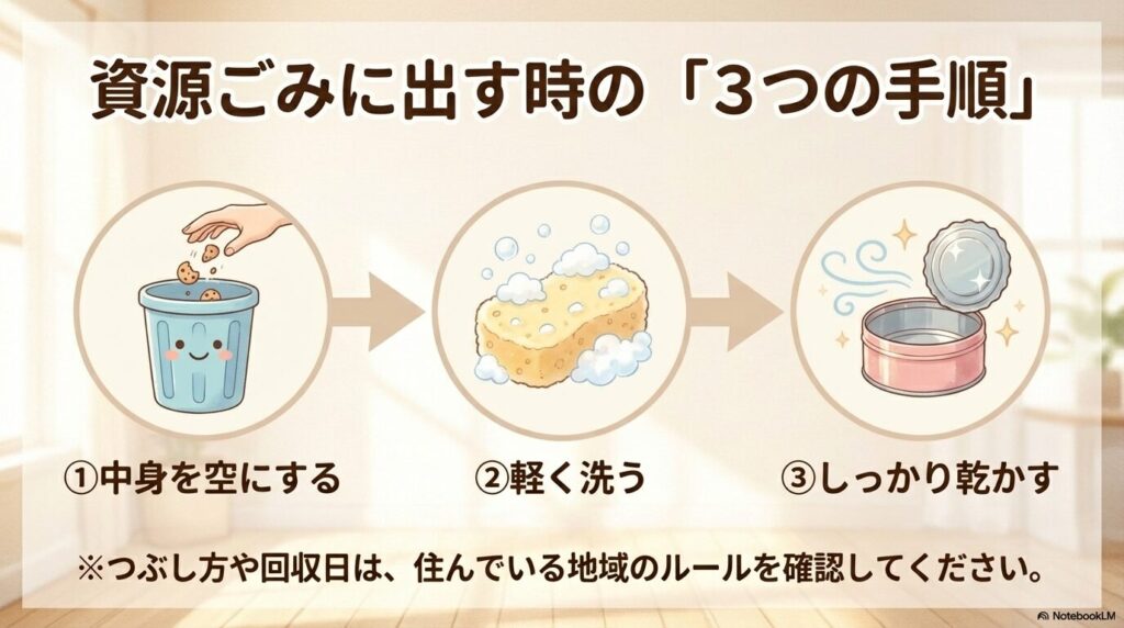 資源ごみとして出す際の3つの手順(中身を空にする、軽く洗う、しっかり乾かす)を説明するスライドです。