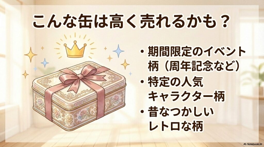 フリマアプリなどで高く売れる可能性がある缶の特徴として、期間限定、人気キャラ、レトロ柄を挙げています。
