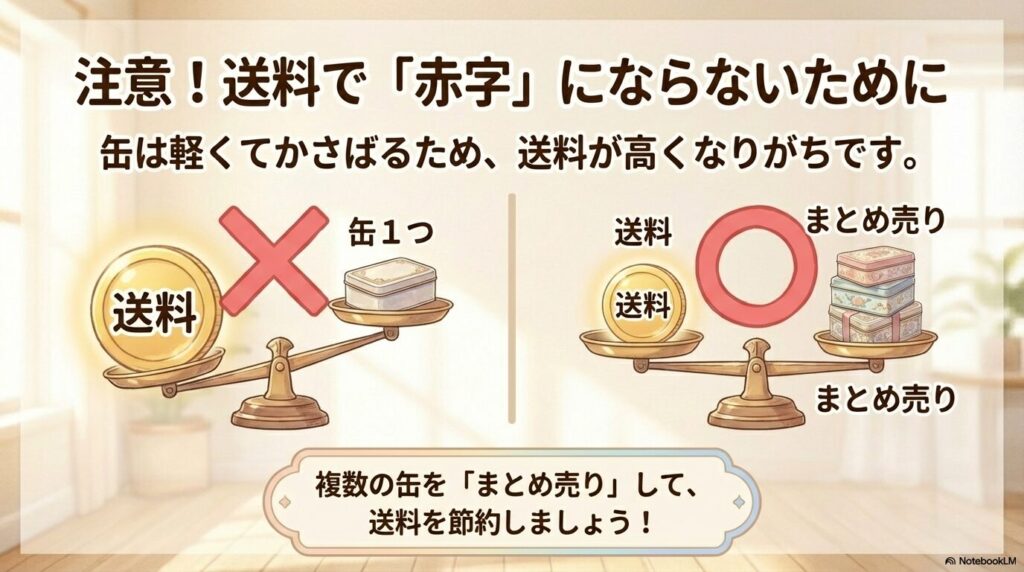 配送時の送料で赤字にならないよう、缶を1つずつではなく「まとめ売り」して節約することを推奨しています。