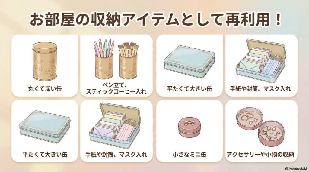 缶の形状に合わせた再利用アイデアとして、ペン立て、書類入れ、アクセサリー収納などを紹介しています。