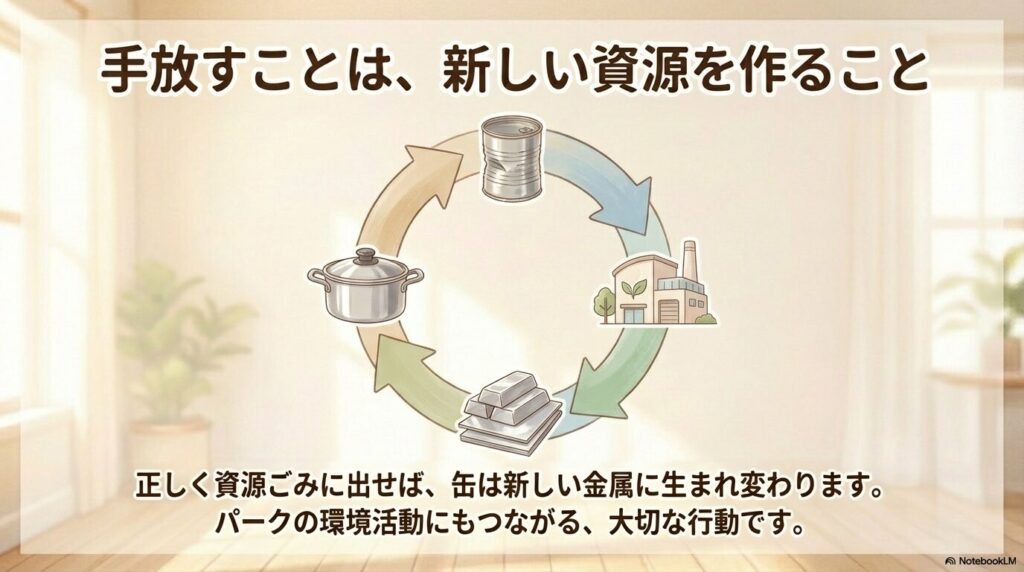 資源ごみに出した缶が新しい金属製品へと生まれ変わるリサイクルのサイクルを図解しています。