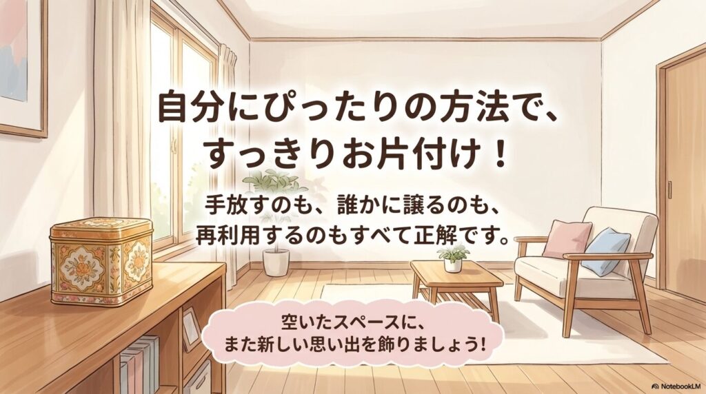 自分に合った方法で片付けを終え、スッキリした部屋の様子を描いたまとめのスライドです。