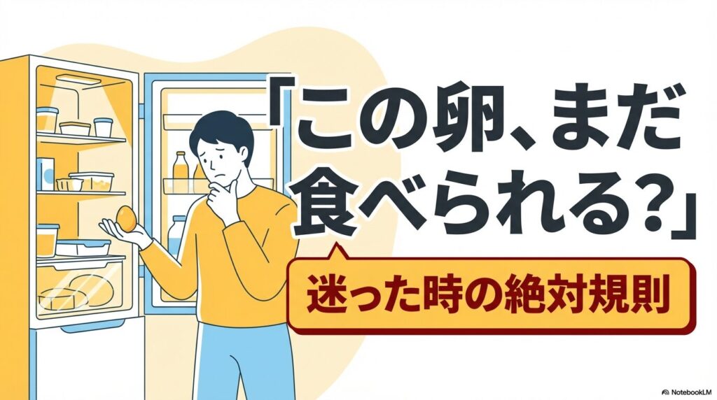 冷蔵庫の前で卵が食べられるかどうか悩んでいる男性のイラストと、迷った時の規則に関する導入。
