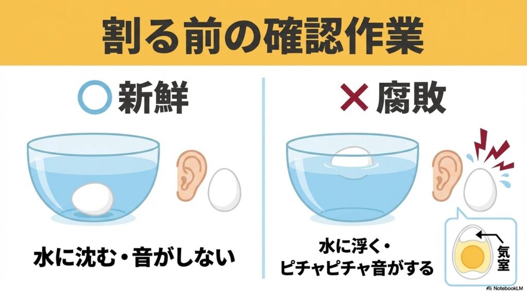 卵を割る前に新鮮か腐敗しているかを確認する方法として、水への沈み方と音の違いを解説。