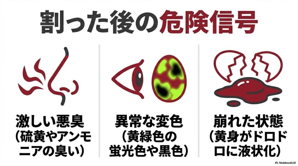 卵を割った後に現れる腐敗の危険信号として、激しい悪臭、異常な変色、液状化した状態を紹介。