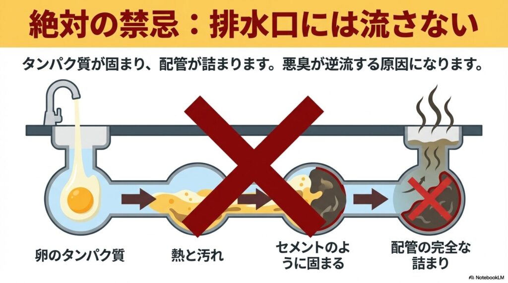 卵を排水口に流すとタンパク質が固まって配管が詰まる仕組みを、図解で警告。