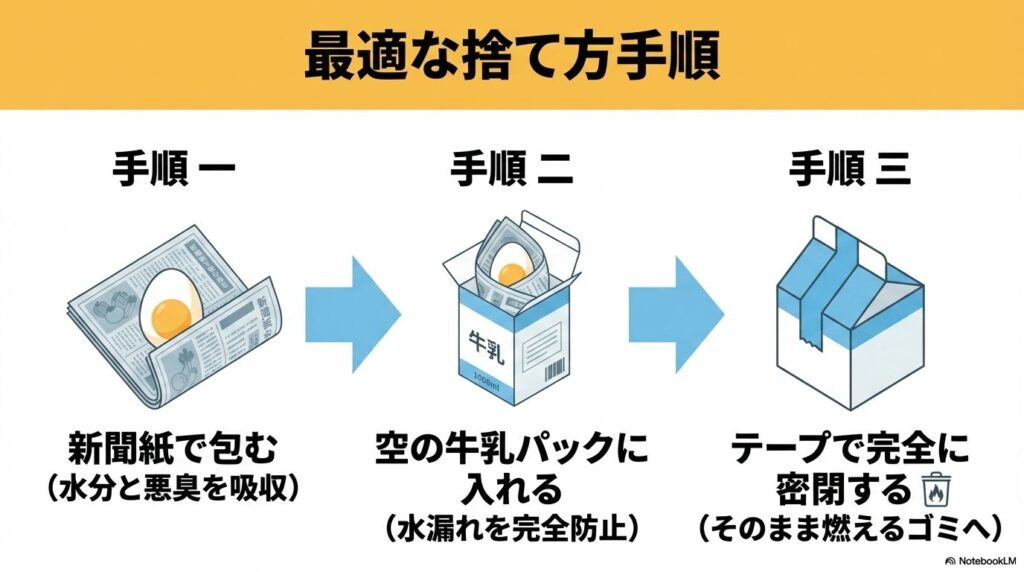 腐った卵を新聞紙で包み、牛乳パックに入れて密閉して燃えるゴミに出すという最適な廃棄手順。