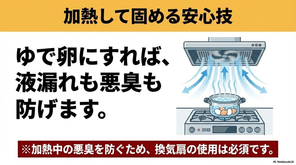 腐った卵をゆで卵にして固めることで液漏れや悪臭を防ぐ方法と、換気扇使用の注意点。