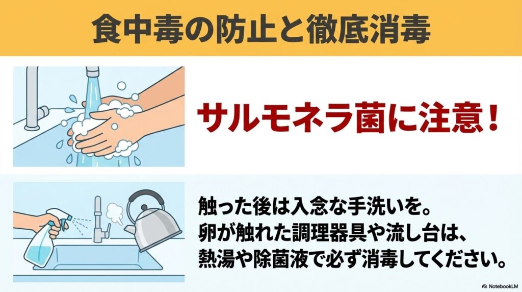 サルモネラ菌への注意喚起と、卵を扱った後の入念な手洗いおよび調理器具の消毒を推奨。