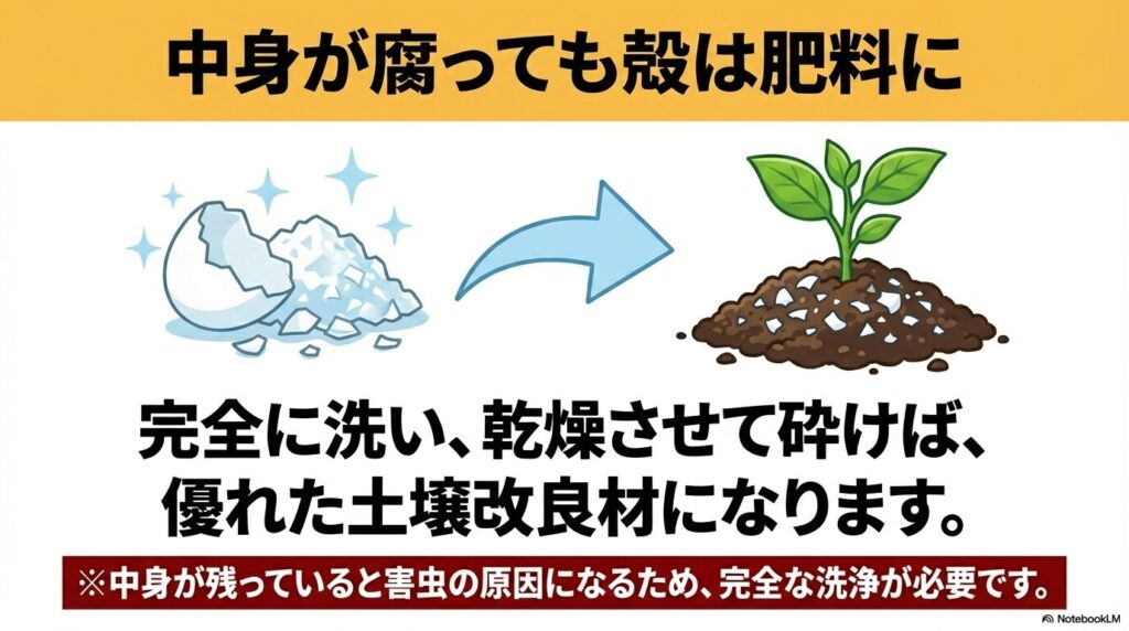腐った卵の殻を洗浄・乾燥・粉砕して、土壌改良材の肥料として活用する方法。