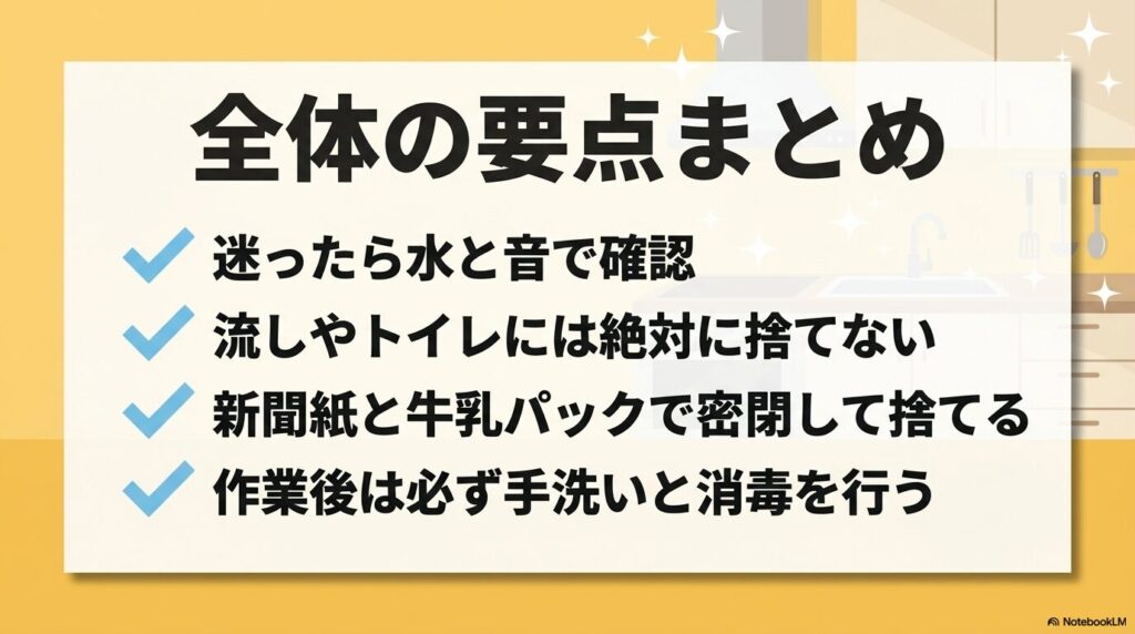 鮮度確認の方法、廃棄の禁忌、正しい捨て方、事後の消毒という全体の重要ポイントのまとめ。