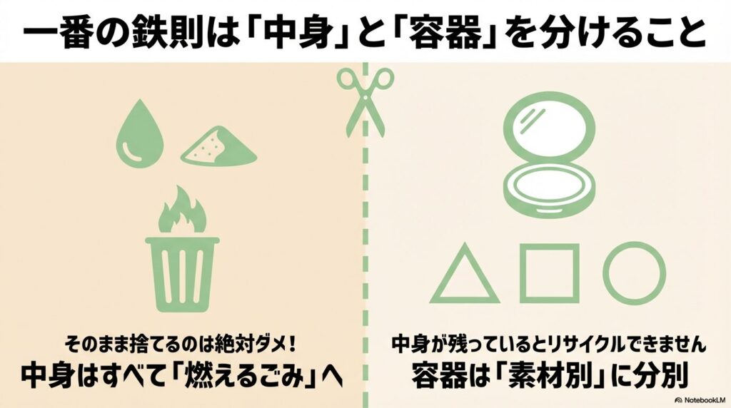 ファンデーションを捨てる際の一番の鉄則である「中身」と「容器」の分別について説明するスライド。