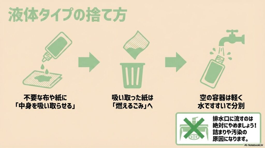 液体タイプのファンデーションを、布や紙に吸わせてから捨てる手順を解説するスライドです。