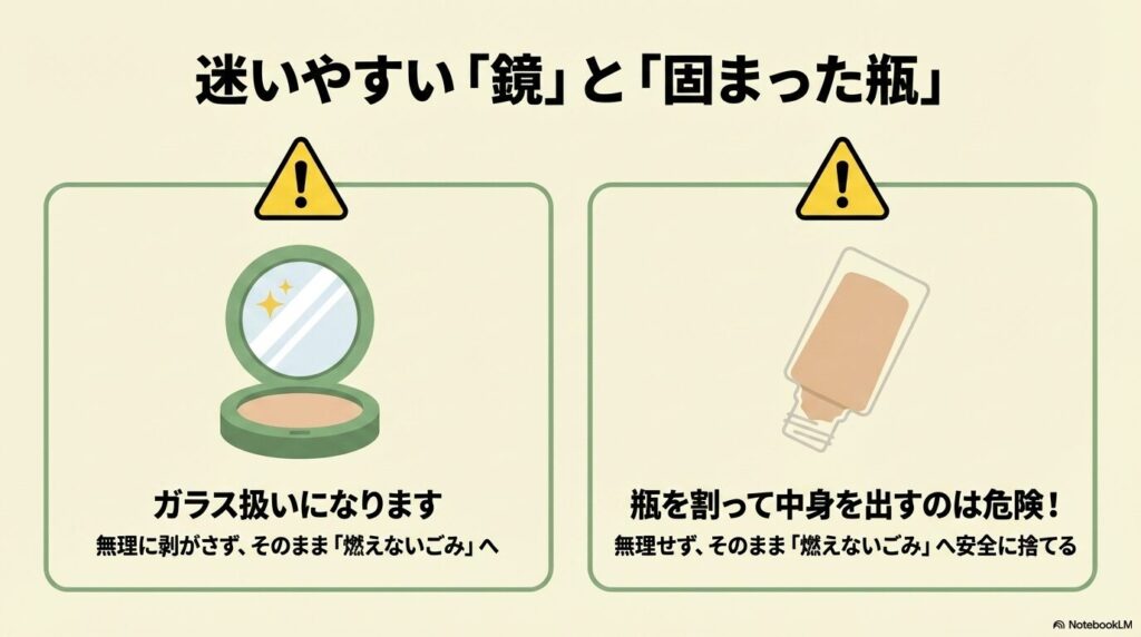 分別に迷いやすい「鏡」と「中身が固まった瓶」の捨て方に関する注意点を説明するスライドです。