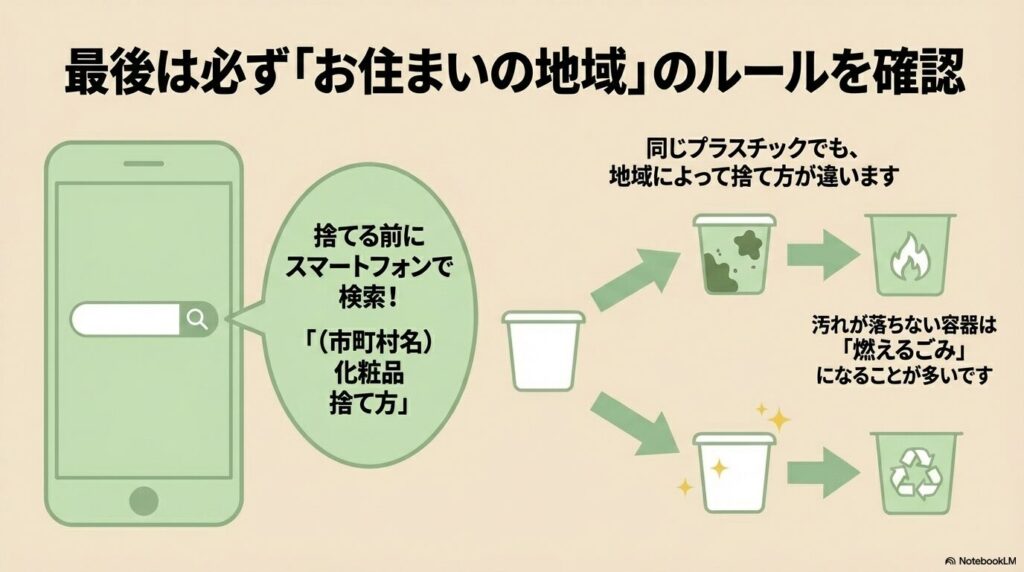 自治体ごとのルールをスマホで確認することや、容器の汚れ具合による分別の違いを説明するスライド。