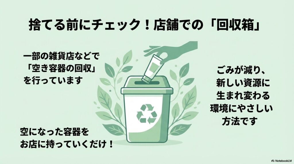 一部の店舗で実施されている、空き容器の回収箱を利用した環境に優しい捨て方を提案するスライド。