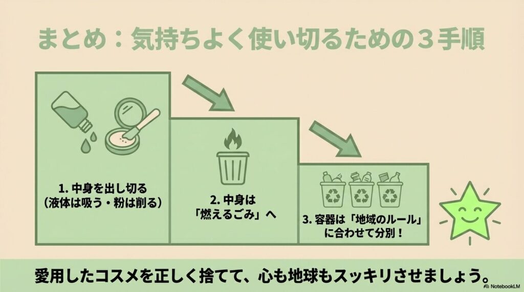 中身を出し切り、燃えるごみと容器に分けるという、正しく捨てるための3つの手順のまとめです。