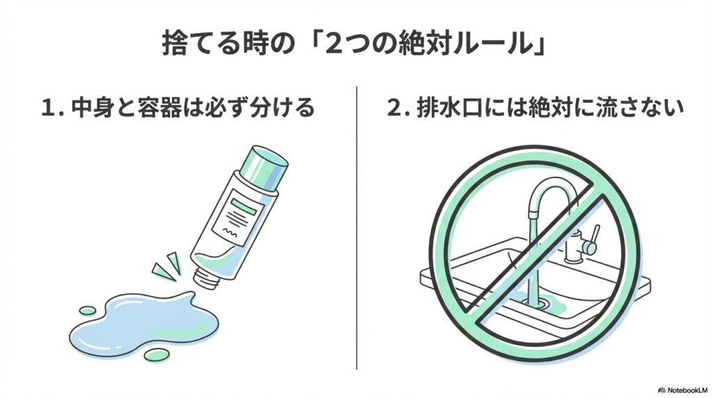 乳液を捨てる際の「2つの絶対ルール」として、中身と容器の分別、および排水口へ流さないことを説明。