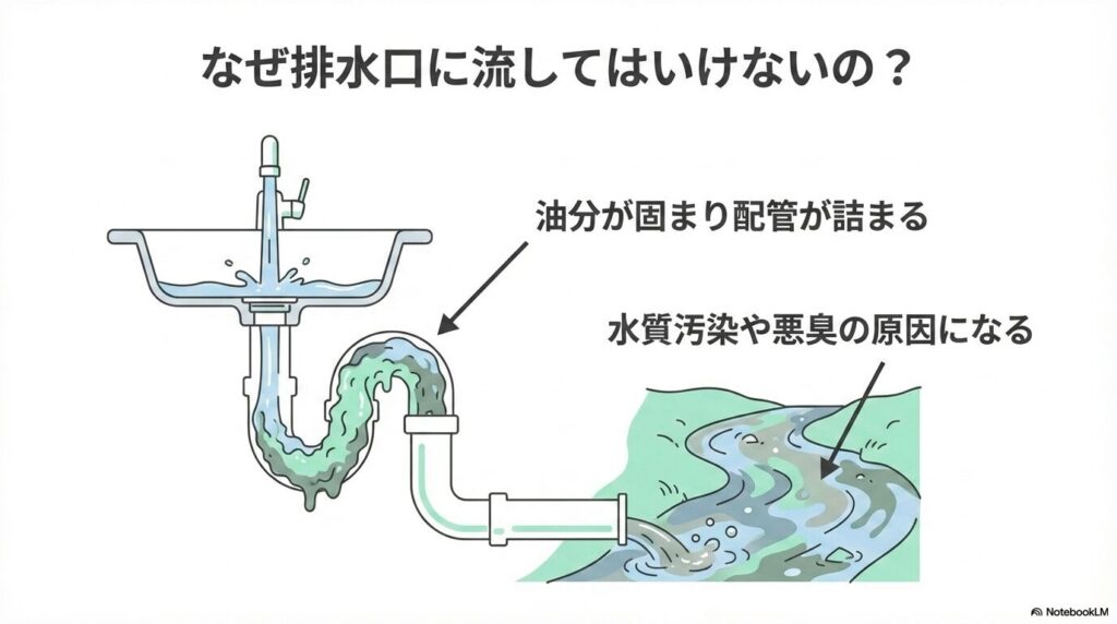 乳液を排水口に流してはいけない理由として、配管の詰まりや環境汚染のリスクを説明。