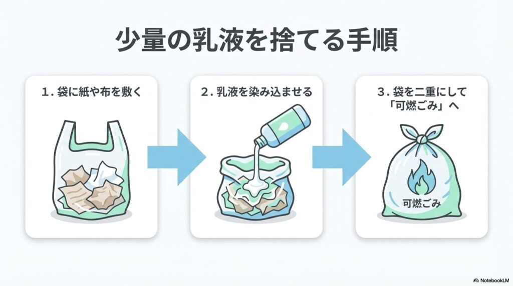 少量の乳液を可燃ごみとして捨てるための、紙や布に染み込ませる3つの手順を解説。