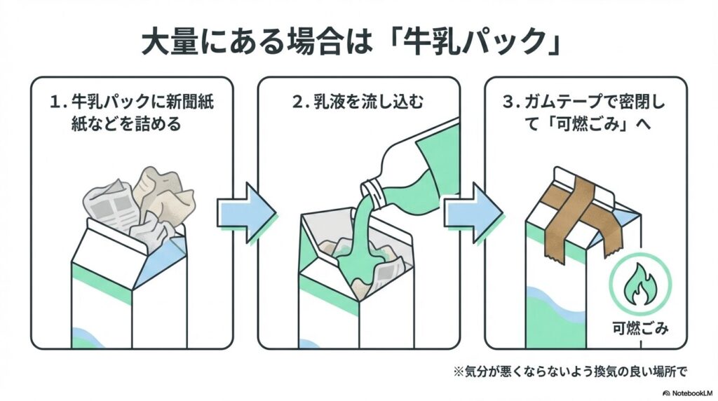 大量の乳液を処分する際、新聞紙を詰めた牛乳パックを活用して可燃ごみに出す方法を説明。