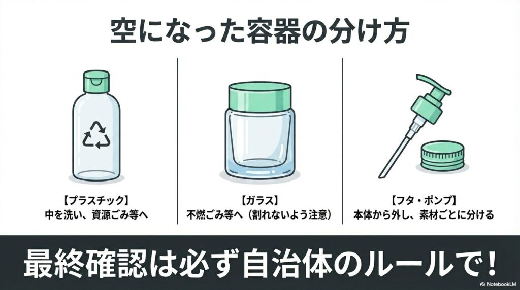 プラスチック、ガラス、フタ・ポンプなど、容器の素材に応じた正しい分別方法を解説。