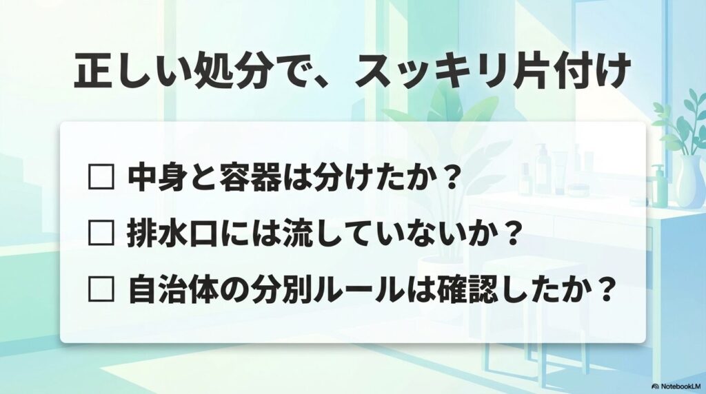 乳液処分の最終確認として、分別、排水、自治体ルールの3項目をチェックリスト形式で掲載。